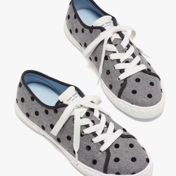 NIB Kate Spade Vale Velvet POLKA DOT Sneakers Grey Black with Extra Shoe Laces - Picture 2 of 8